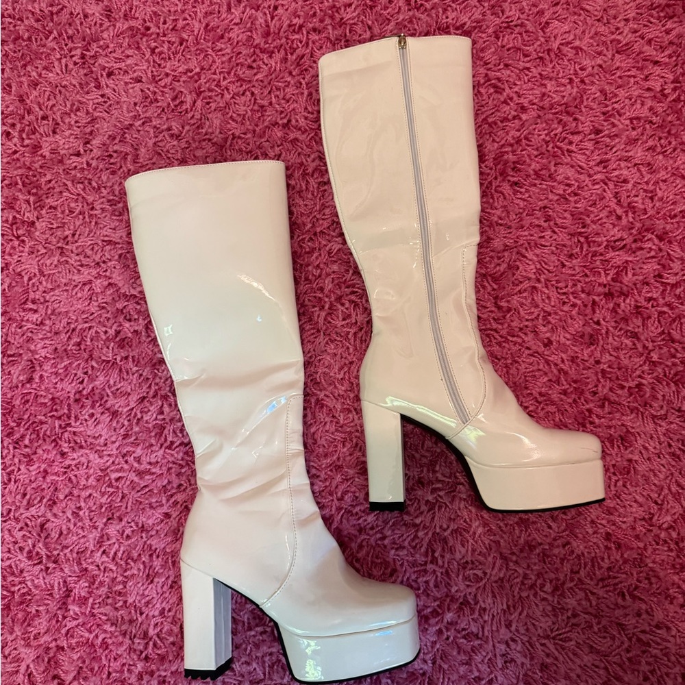 Patent Platform Knee-High Boots in White - Women